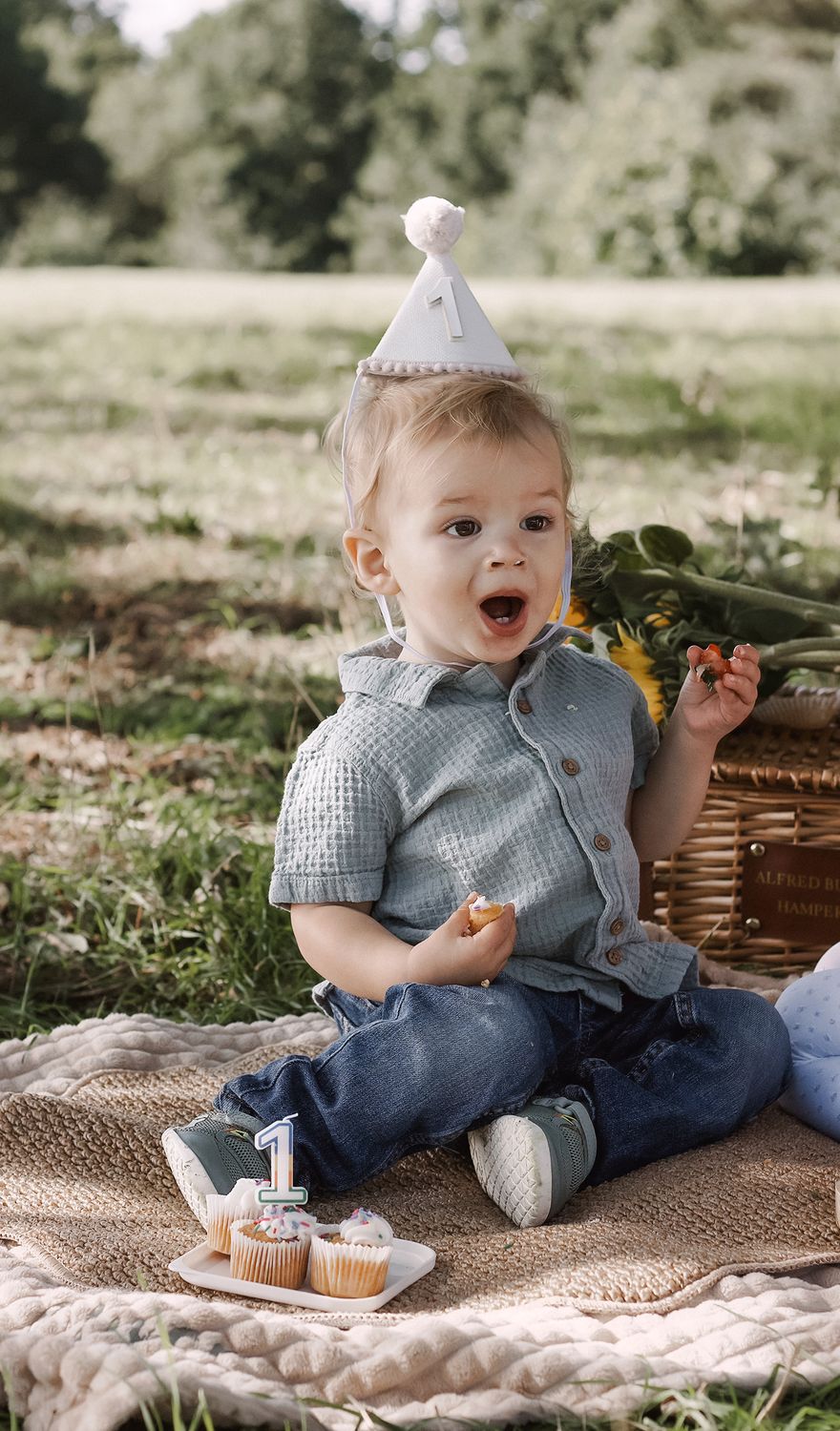Toddler in a party hat at a picnic birthday