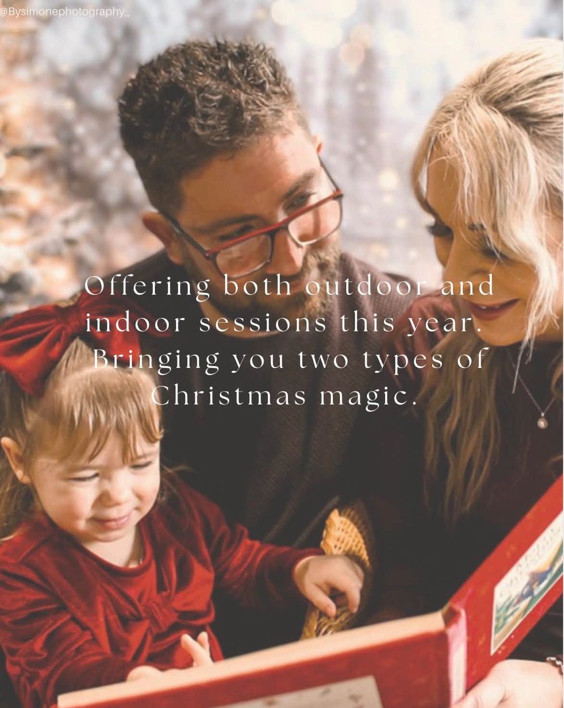 Family reading a Christmas book together in front of twinkling lights