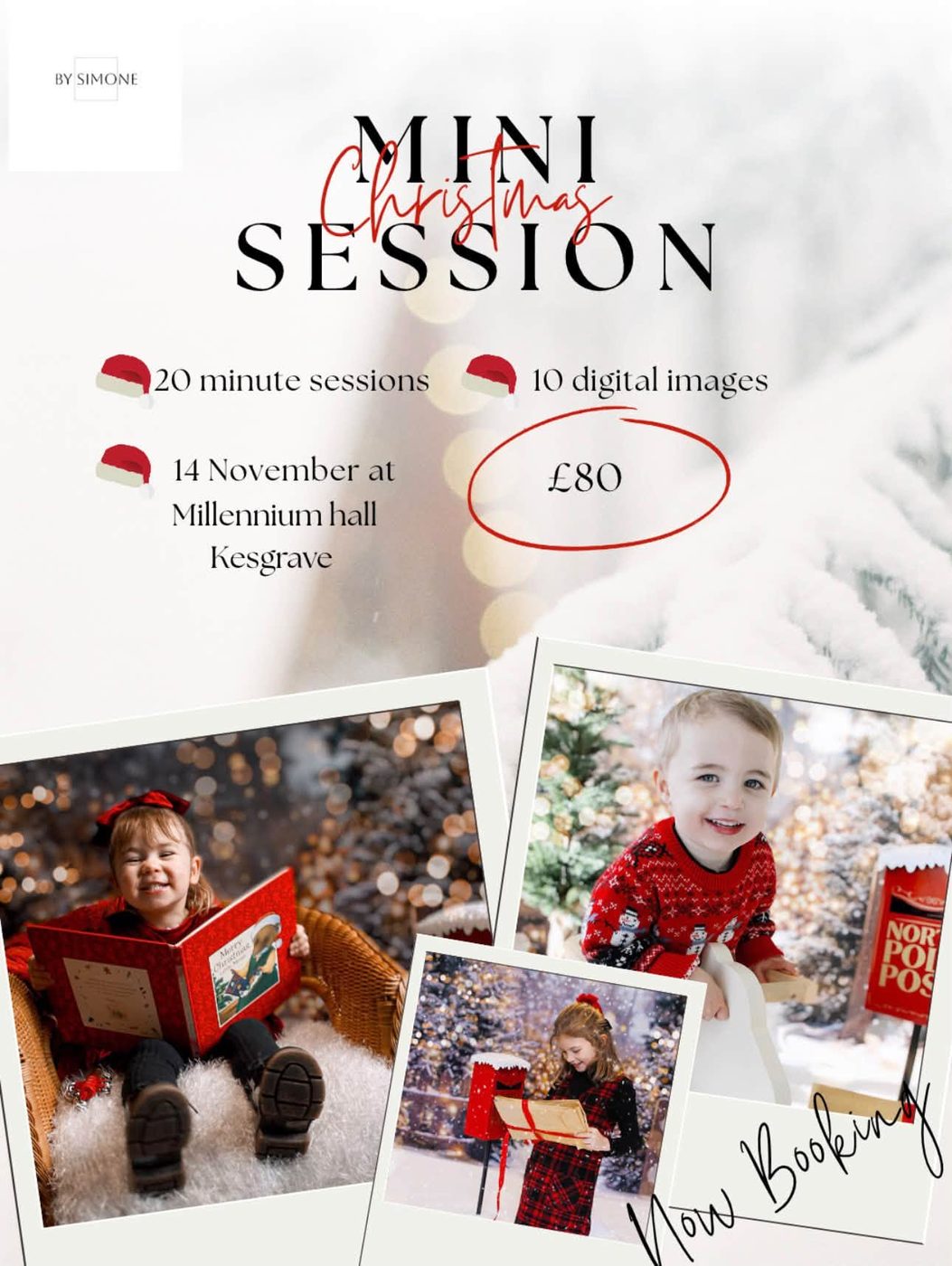 Christmas mini session flyer: 20 minute sessions, 10 digital images, 14 November at Millennium Hall Kesgrave, £80